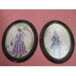 PAIR OF EBONISED OVAL WOVEN PICTURES DEPICTING A LADY AND GENT IN PERIOD CLOTHING