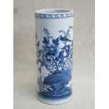 BLUE AND WHITE ORIENTAL STYLE CERAMIC SLEEVE VASE WITH HANDPAINTED DECORATION,