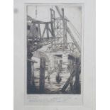 W McALLISTER TURNER, FRAMED MONOCHROME ETCHING, 'BRIDGE BUILDING QUEENSFERRY',