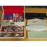 PARCEL OF COSTUME JEWELLERY INCLUDING HAT PINS, BROOCHES, NECKLACES, ETC,