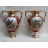 PAIR OF VICTORIAN GILDED TWO HANDLED VASES WITH HANDPAINTED BIRDS WITHIN A WOODLANDS SETTINGS,