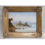 WILLIAM LINTON, GILT FRAMED OIL ON PANEL DEPICTING ALBANIAN MOUNTAINS WITH CORFU IN THE DISTANCE,