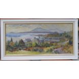 CONSTANTE HAMILTON FRAMED OIL ON BOARD - ARRAN HILLS FROM IWNELLAN 34 cm x 75 cm