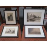 FOUR VARIOUS MONOCHROME ETCHINGS INCLUDING ETON COLLEGE AND LINCOLN CATHEDRAL