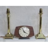 PAIR OF BRASS TABLE LAMPS AND ART DECO STYLE METAMEC MANTLE CLOCK