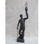 GOOD QUALITY ANTIQUE BRONZE FIGURE TABLE LAMP WITH SHADE, IN THE FORM OF A BLACKSMITH,