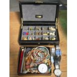 SUNDRY LOT OF COSTUME JEWELLERY INCLUDING WATCHES, BANGLES, PENS AND SMALL IVORY CARVINGS, ETC.