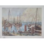 JR DUGMORE FRAMED WATERCOLOUR AND INK DEPICTING A HARBOUR SCENE - MONBASA 25cm X 35cm