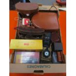 BOX OF VINTAGE CAMERAS INCLUDING BABY HAWKEYE, AND ALSO BOLEX B8L CAMERA, BINOCULARS,