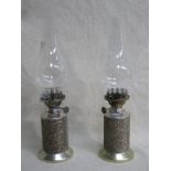 PAIR OF DECORATIVE SILVER PLATED OIL LAMPS WITH GLASS FUNNEL BY HINKS & SON BIRMINGHAM,