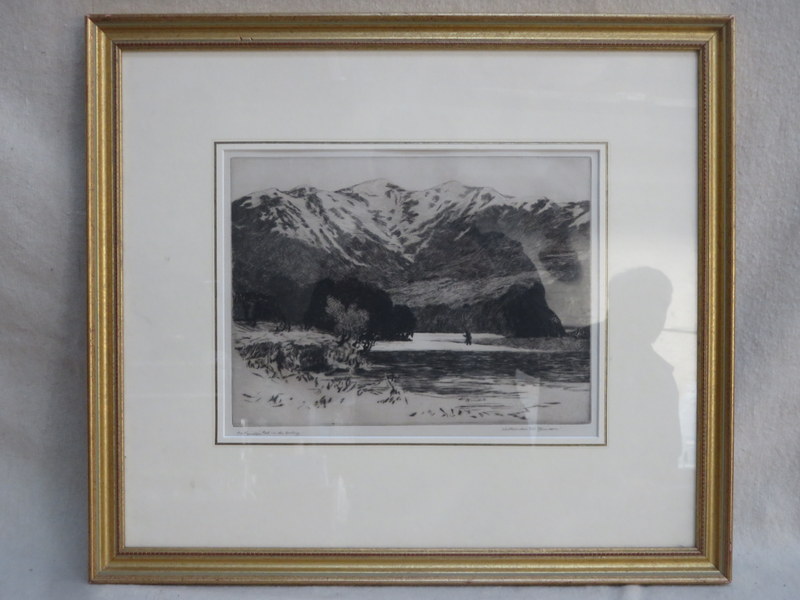 NORMAN WILKINSON, FRAMED MONOCHROME ETCHING, 'THE MINISTER'S POOL ON THE ORCHY, SCOTLAND',