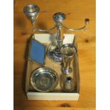 PARCEL OF FOUR ITEMS, PHOTO FRAME, CANDELABRA, VASE AND RECEIVER.