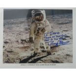 Buzz Aldrin signed photograph ?Apollo 11 Astronaut Walks Buzz Aldrin On The Moon? signed ?To David