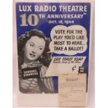 Barbara Stanwych Radio Theatre for Lux Soap Oct 1944 Ballot complete with ballot forms 35.5cms x