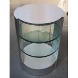 20th century cylindrical stand with thick glass shelves, possibly by Bang & Olufsen, no makers mark