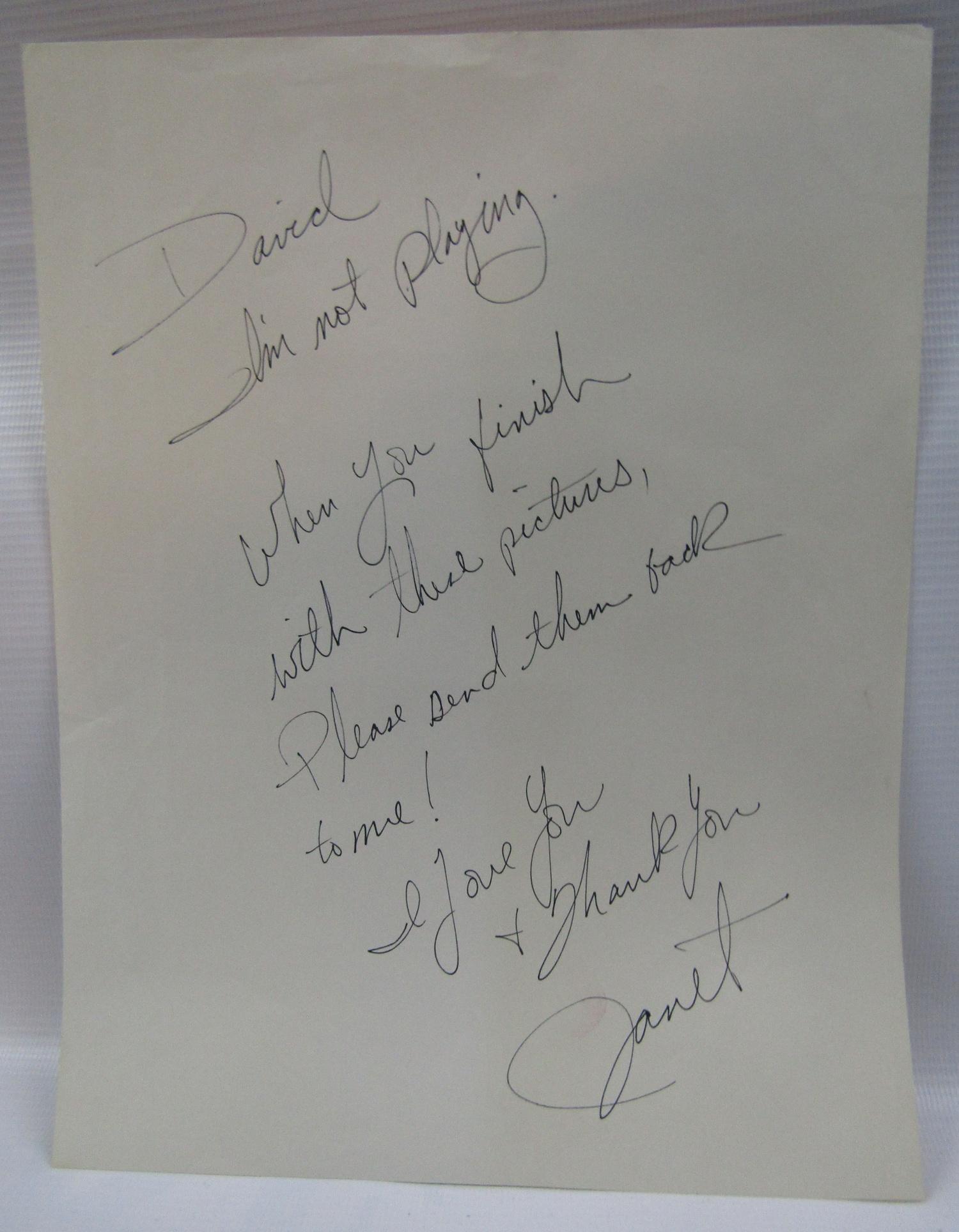 Janet Jackson eight line letter to David Gest signed Janet