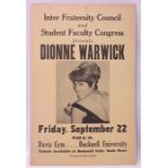 Dionne Warwick Concert Poster for Bucknell University, Friday 22nd September 1968. 54.5cms x 35.5cms