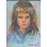 Portrait of a young girl oil on canvas, framed and signed by actress Jane Greer ?87. The reverse