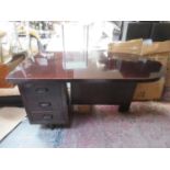 20th century highly polished and veneered office reception desk fitted with two drawers