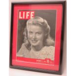 Ingrid Bergaman - signed Life Magazine, dated November 1941, framed and glazed. 34.5cms x 26cms