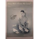 How Will I Know My Love? Sheet music signed by Annette Funicello Disney Mouseketeer