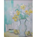 Still life oil painting of a vase of flowers on a table, by the actress Jane Greer, signed by her,