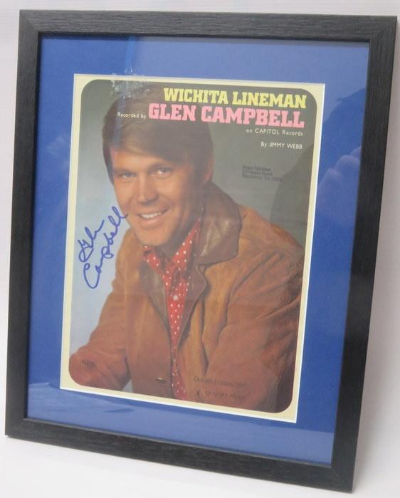 Glen Campbell - signed Wichita Lineman sheet music, framed and glazed. 27.5cms x 21cms