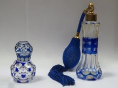 Vintage blue overlay glass atomiser, 13.5cms high, together with a blue overlay glass scent bottle