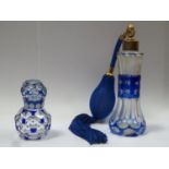 Vintage blue overlay glass atomiser, 13.5cms high, together with a blue overlay glass scent bottle