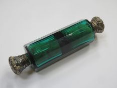 Victorian bristol / bottle green double ended facet cut glass scent bottle, with ornately repousse