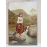 W. E. Evans unframed oil on canvas depicting a Highland girl collecting water from a stream. Approx.