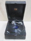 His Masters Voice (H.M.V) vintage portable gramophone with sound box and winder