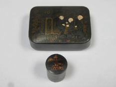 19th Century Japanese chinoisserie lacquered storage box, gilded and decorated with figures to the