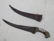 Late 19th/Early 20th century Afghan North West Frontier Peshkabz dagger, with leather scabbard and