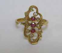 18ct gold dress ring set with ruby coloured stones & clear stones, for restoration