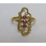 18ct gold dress ring set with ruby coloured stones & clear stones, for restoration