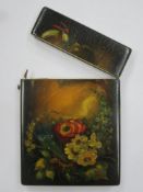 Victorian papier mache calling card case, with hinged cover and fine ivory banding, hand painted