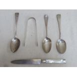 Pair of 18th century hallmarked silver spoons, one other hallmarked silver spoon, bone handled