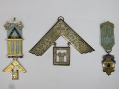 Two hallmarked silver gilt and enamelled masonic jewels, plus hallmarked silver masonic collar jewel