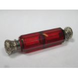 Victorian ruby red facet cut glass double ended scent / perfume bottle, with ornately repousse