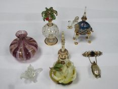 Parcel of various coloured glass scent bottles, vase, ivory/bone scent bottle, plus mother of