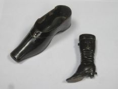 Interesting Jet coloured riding boot form snuff box, 8cms, plus ebonised treen shoe