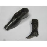 Interesting Jet coloured riding boot form snuff box, 8cms, plus ebonised treen shoe