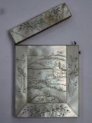 19th century mother of pearl veneered calling card case, decorated with an oriental landscape scene,