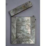 19th century mother of pearl veneered calling card case, decorated with an oriental landscape scene,