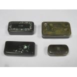 Parcel of four various Victorian hinged snuff boxes, including horn and silver inlaid, ebonised,
