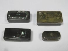 Parcel of four various Victorian hinged snuff boxes, including horn and silver inlaid, ebonised,