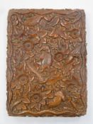 19th century Chinese/Indian heavily carved wood calling card case, decorated with floral swags,
