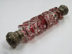 Victorian ruby red overlaid cut glass double ended scent bottle, with ornately repousse decorated