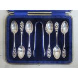 Cased Set Of Six Hallmarked Silver Spoons With Matching Sugar Tongs, Piercework Decorated With